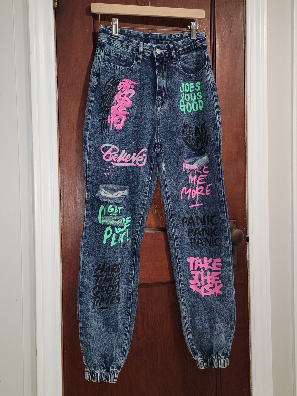 Dark Wash Graffiti-Print Women’s Jeans - Pink & Green Accents New